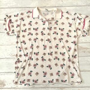 Women’s L/G Polo Shirt Short Sleeves Pink White Flower Polka Dot Maxwell Jason